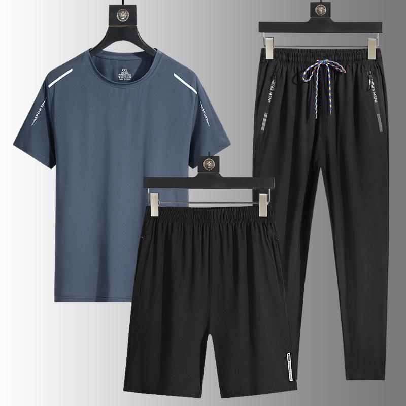 Ice Silk Outdoor Men's Casual Sports Loose Three Piece Set Breathable Quick Drying Round Neck T-shirt Long Pants Men