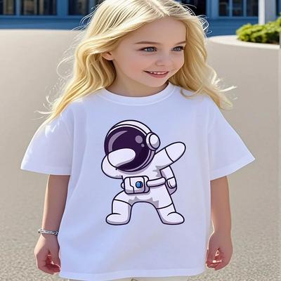 White Planet Space Crew Collar Print Tshirt ShortSleeved Childrens Graphic Top Kids Summer Polyester Fabric