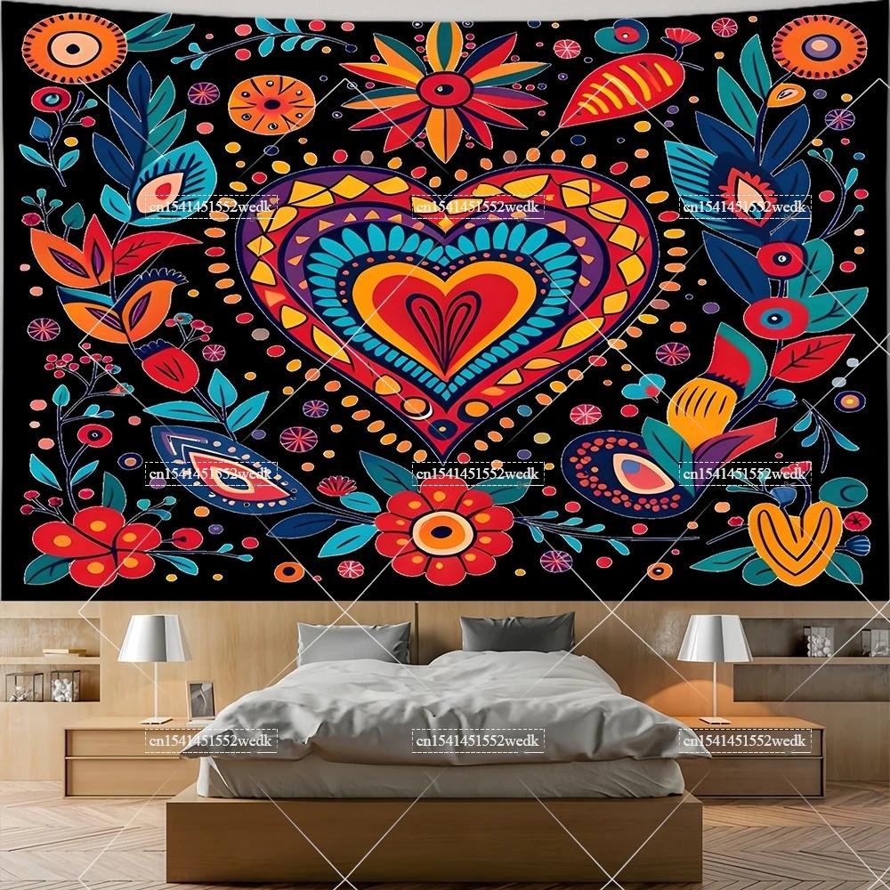 Mexiko Blumenteppich Mexikanische Pflanze Blumen Stickerei Ethnisch Otomi Vögel Wandteppiche Ästhetische Raumdeko Illustrationen Hintergrund