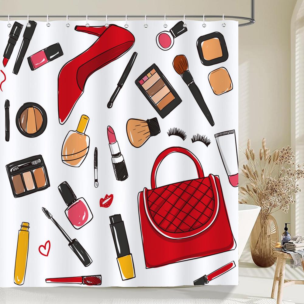 Sexy Red Lips Pink Print High Heel Shower Curtain Cosmetic Perfume Pink Girl Bedroom Decor Curtains Waterproof Bathroom Curtain