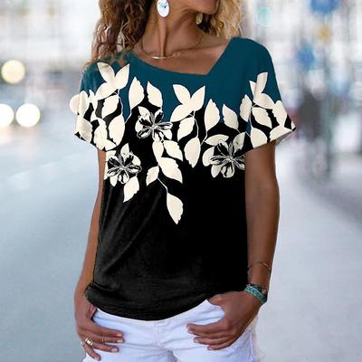 Fashion Women Irregular Neck Tee Summer 3D Floral Print T Shirts Ladies Loose Couples T Shirt Short Sleeve Tops Casual