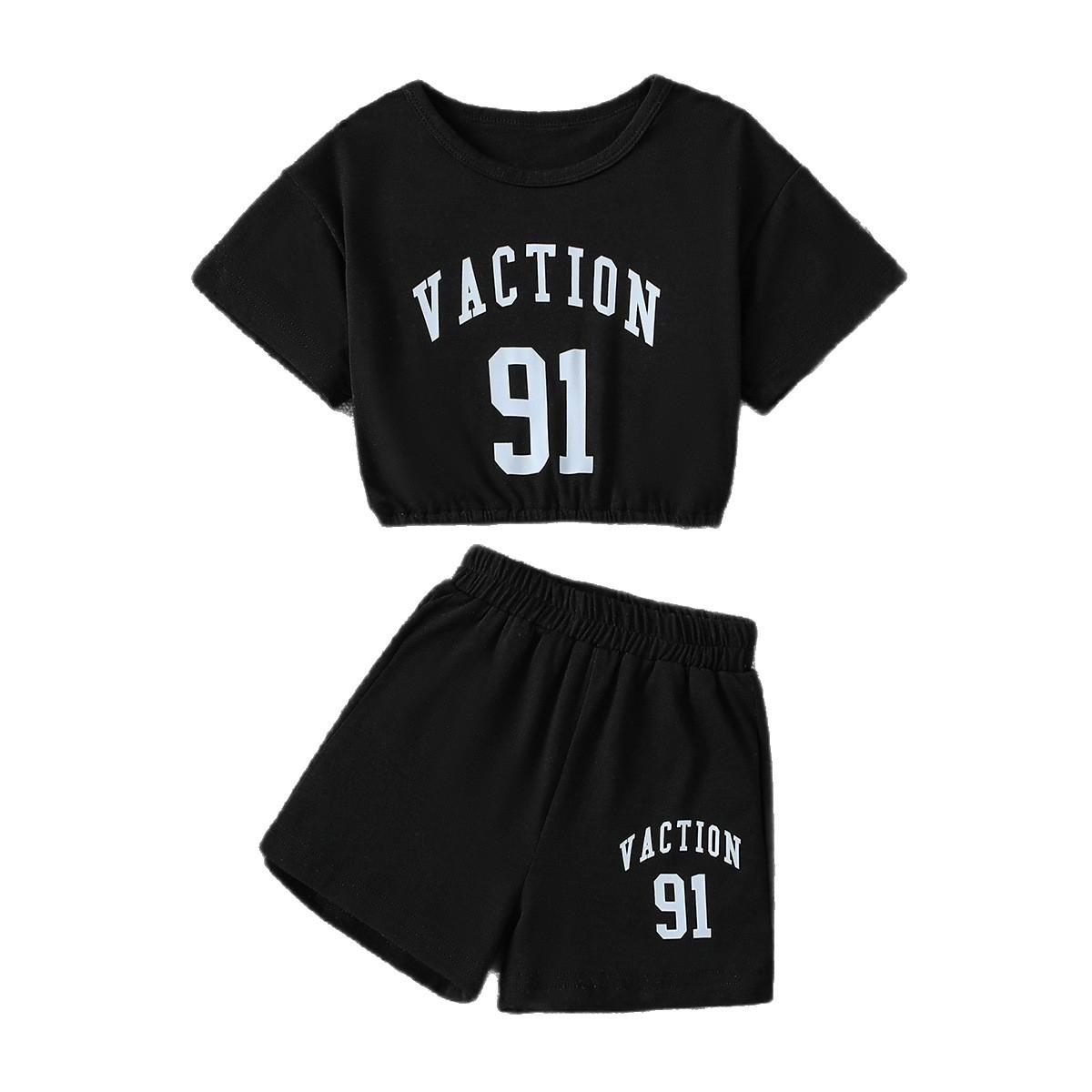 

Girls Fashionable Sports Outfit - Summer Children s Black Short-sleeved Top And Shorts Set 3-4Y