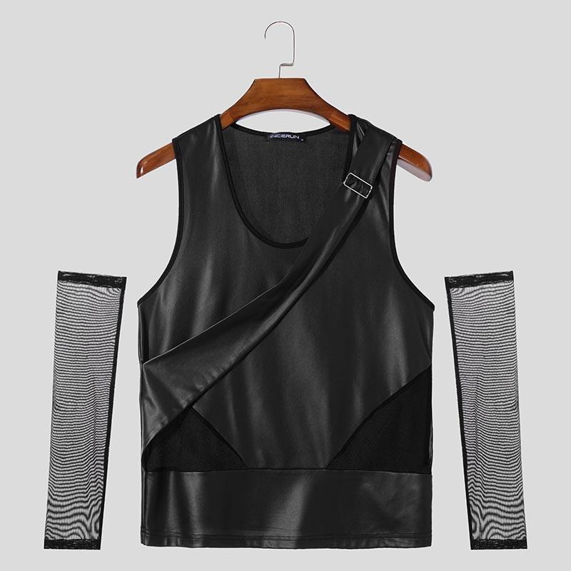 INCERUN Männer Glatte Ärmellose Patchwork Mesh Sheer Oversleeve Casual Tank Tops