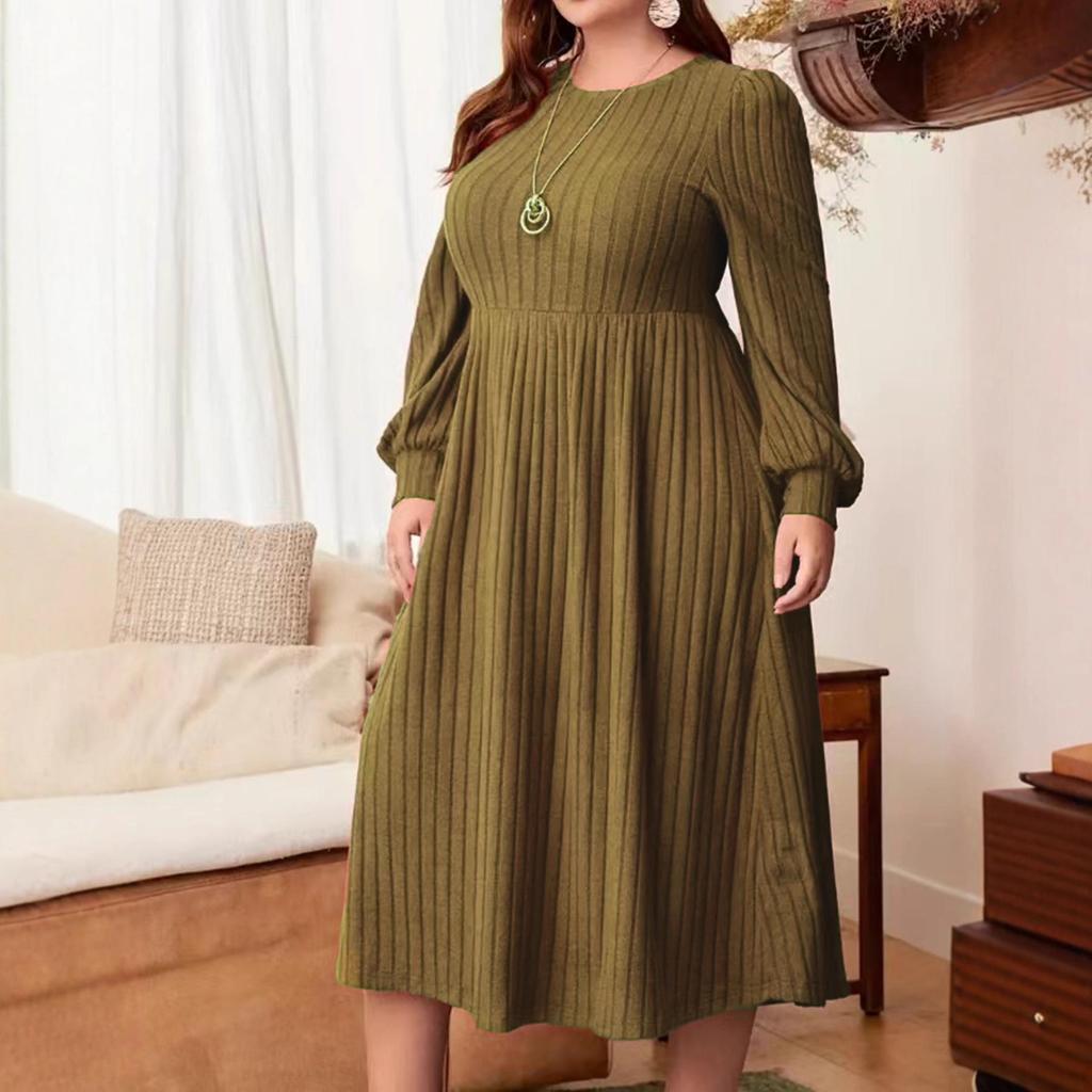European 2025 Casual Plus Size Solid Color Ribbed Knit Dress for Women