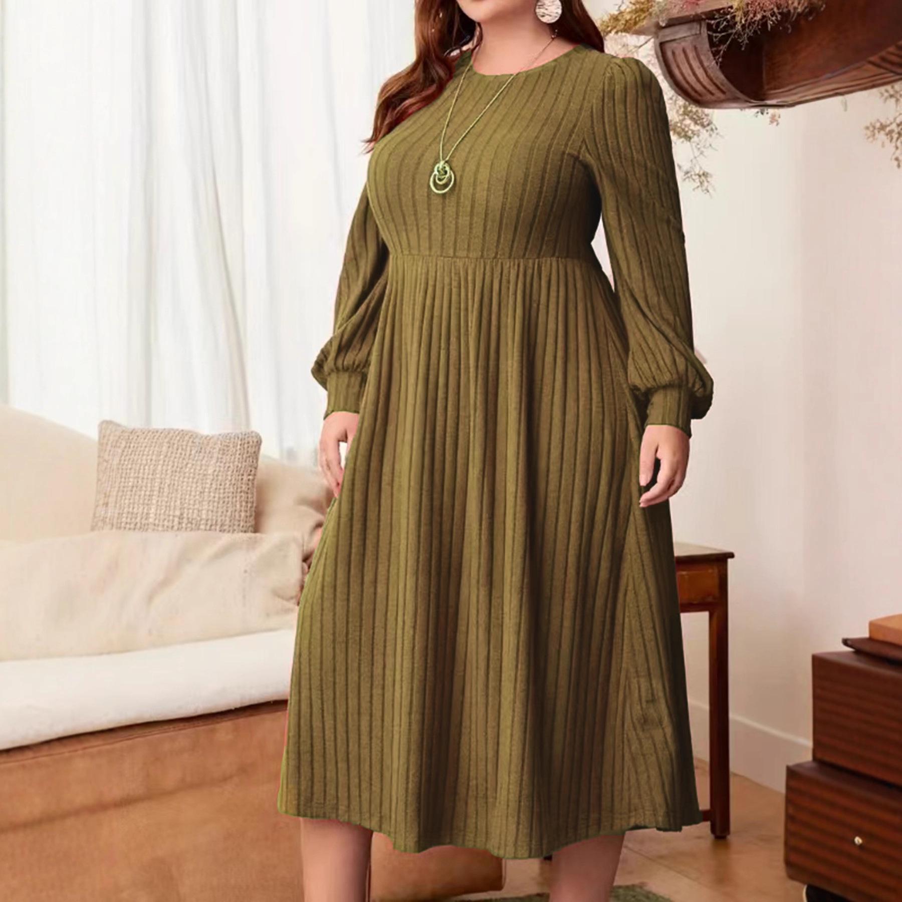 

European 2025 Casual Plus Size Solid Color Ribbed Knit Dress for Women 3XL коричневий