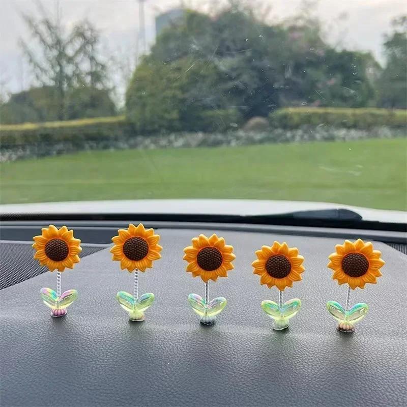 New 5pcs Swinging Sunflower Car Ornaments Refreshing Healing Fresh Flowers Car Center Console Decor Creative Desk Ornaments