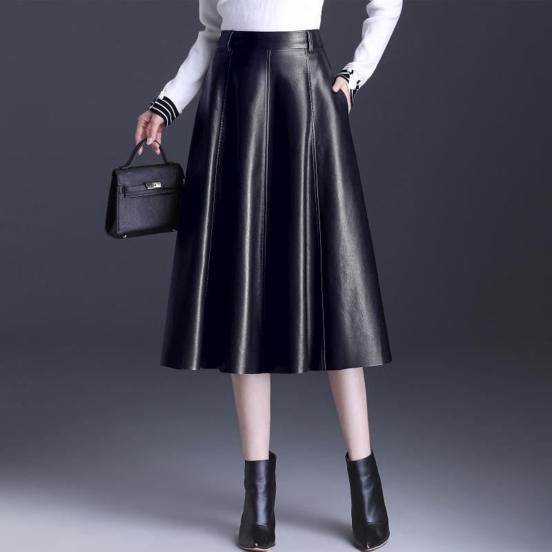 Women's High Waist Lambskin A-Line Midi Skirt - Autumn/Winter 2025 Trendy Leather Umbrella Skirt
