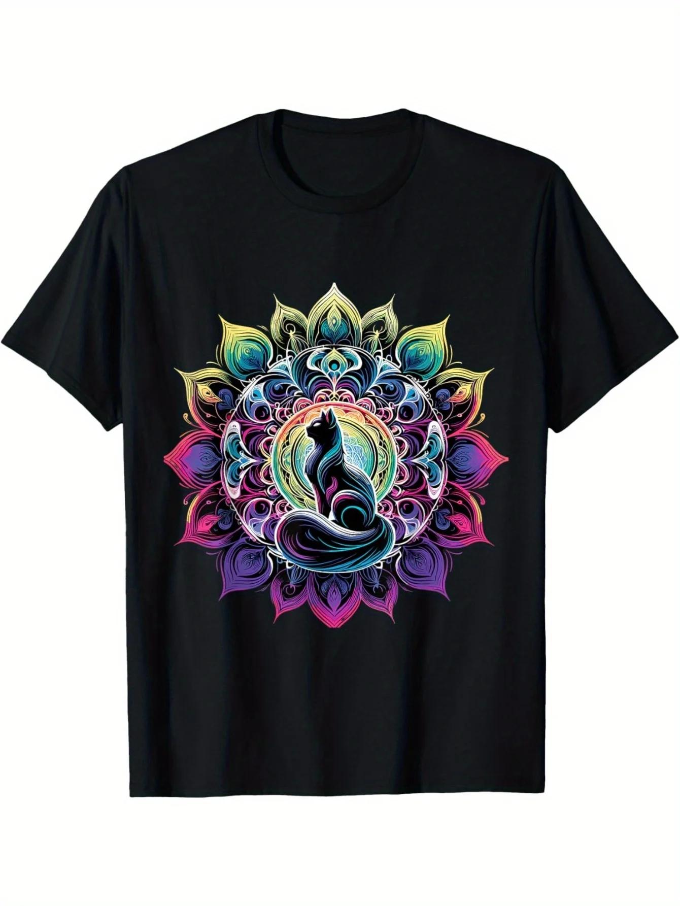 Mystical Cat Unisexdala Graphic Tee Vibrant Neon Colors Casual Round Neck Cotton TShirt S