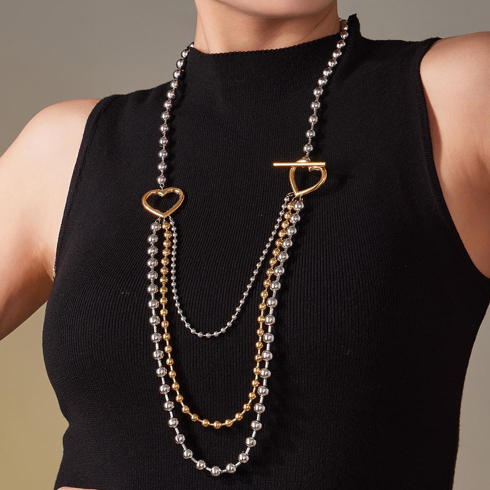 Qiong Yao Multi-layer Color Block Beaded Necklace, Long European Style, Bold Runway Stainless Steel Design.