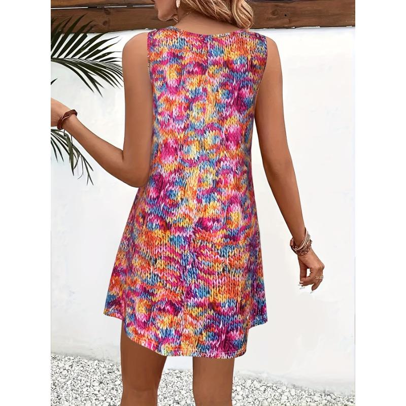 Tankové šaty s potiskem Space Dye, Dovolenkové šaty bez rukávů s kulatým výstřihem, Dámské oblečení