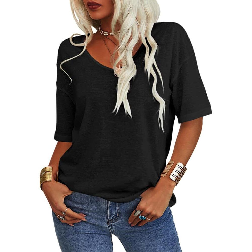 T-shirt da donna a V, manica corta, vestibilità larga, tinta unita, basic, casual, misto cotone