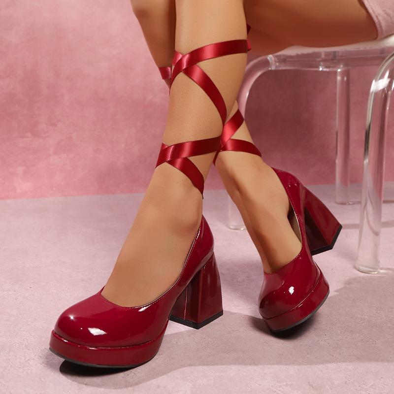 

Элегантные туфли-лодочки на толстом каблуке красного цвета для женщин, новинка 2025 года, лакированные туфли на высоком каблуке, женские туфли Мэри Джейн на платформе со шнуровкой 34 бордовый