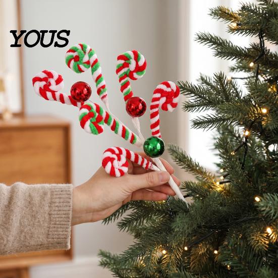Xmas Tree Decoration Christmas Candy Cane Pick, Red White Green Plush Stem, Decorative Props Branch for Vase Filler, Wreath, Filler