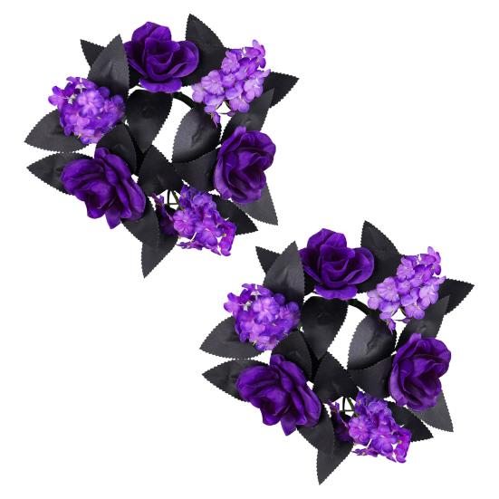 

Yousheng Halloween Candle Rings Wreath Artificial Purple Rose Black Leaves Candle Holder Wreath for Halloween Table Centerpieces 2pcs