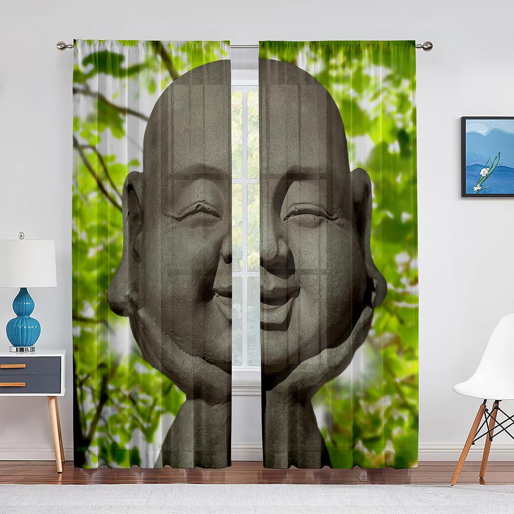 Buddhist Buddha Statue Golden Light Sunset Thin Curtain for Living Room Kitchen Window Bedroom Decor Curtains 2panels Rod Pocket