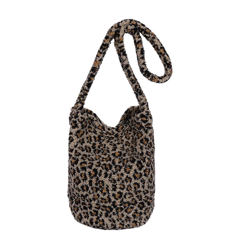 2025 Осень/Зима Женская Милая Плюшевая Пушистая Сумка-Ведро: Сумка большой емкости коричневый/леопардовый