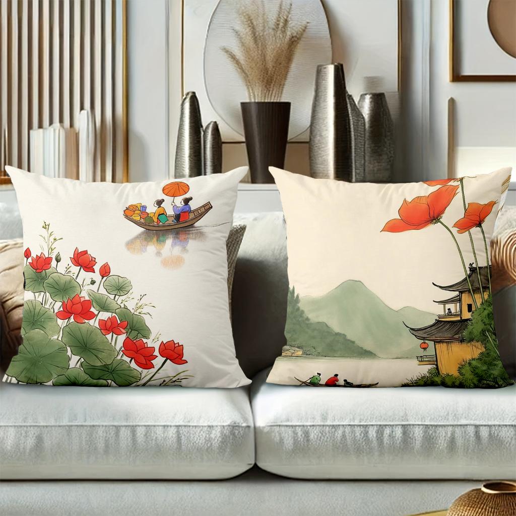 Chinese Style Pillow Covers With Traditional Scenes Polyester Pillowcase, Sofa Decorative Cushion Cov Headboard Pillow