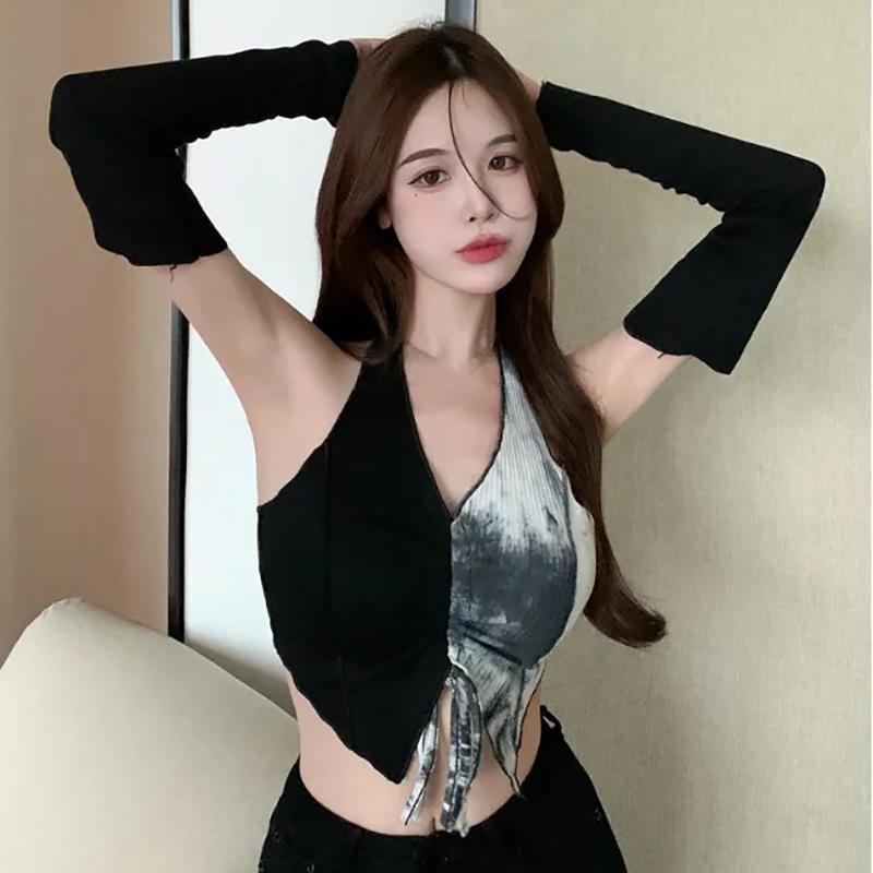 WTEMPO Primăvară Toamnă Noi tricouri neregulate cu halter de cafea femei cu șnur subțire, cu umeri, cu mâneci lungi, topuri Streetwear