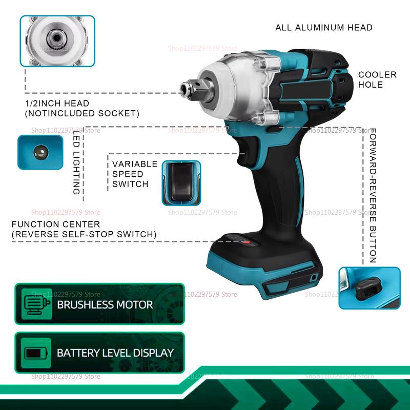 Wireless Cordless Electric Impact Wrench European Standard Brushless Hand Tool No Battery Heavy Duty Garage Workshop