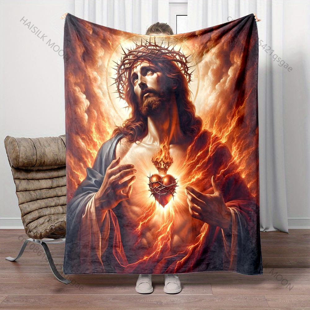 1 ST Brandend Heilig Hart met Kroon Print Dekent Warm Zacht Pluizig Kinderen en Volwassenen Bank Bed Plaid Buiten Reizen Kamperen