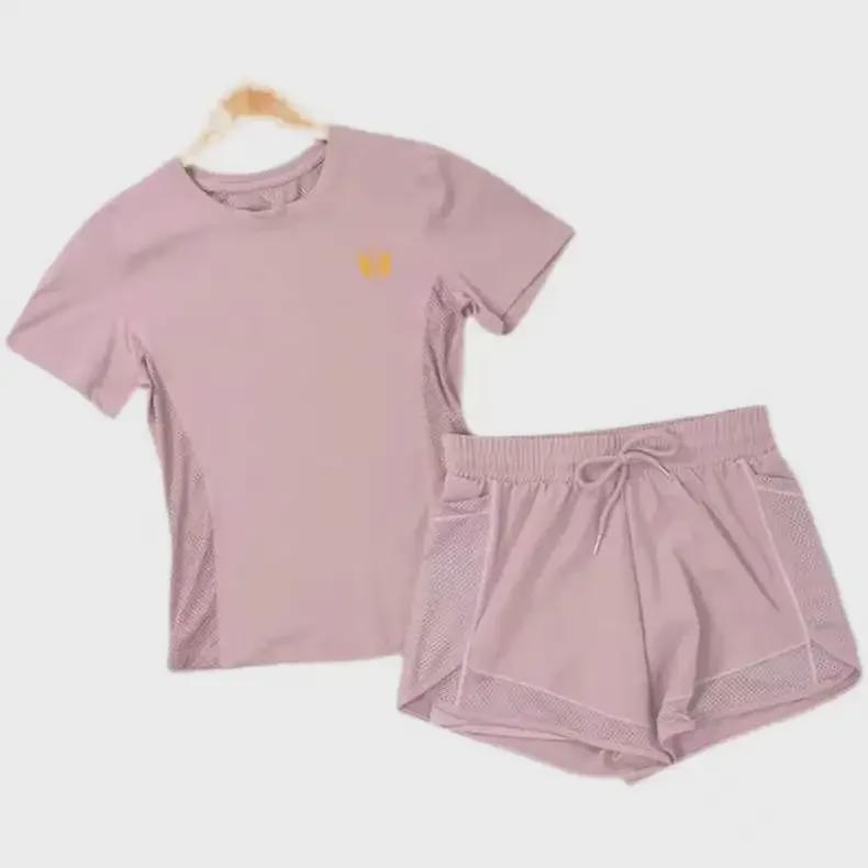 Women's Breathable Summer Yoga and Running Set: Loose Fit, Quick-Drying Shorts with Short Sleeves.