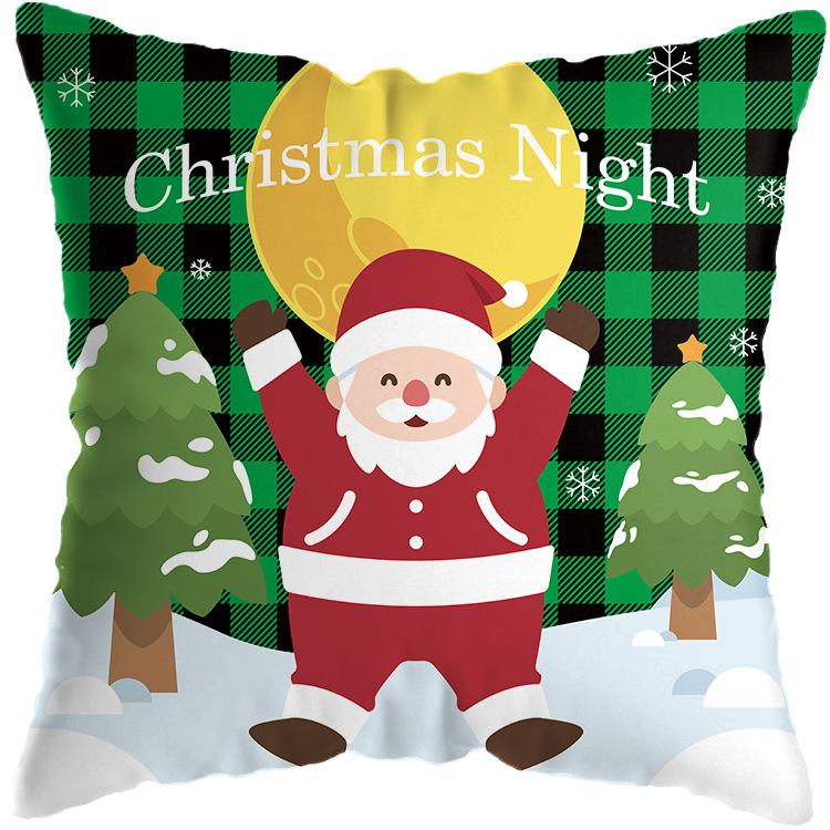 Christmas Theme Green Plaid Santa Snowman Print Pattern Cushion Cover Home Sofa Decor Throw Pillow Cover 45x45cm