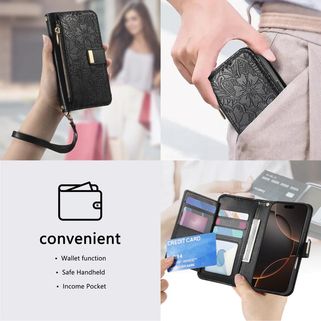 Floral Leather Wallet Case for iPhone 12-17 series.Vintage All-in-One Card Holder w/Stand, Magnetic Closure & Wrist Strap
