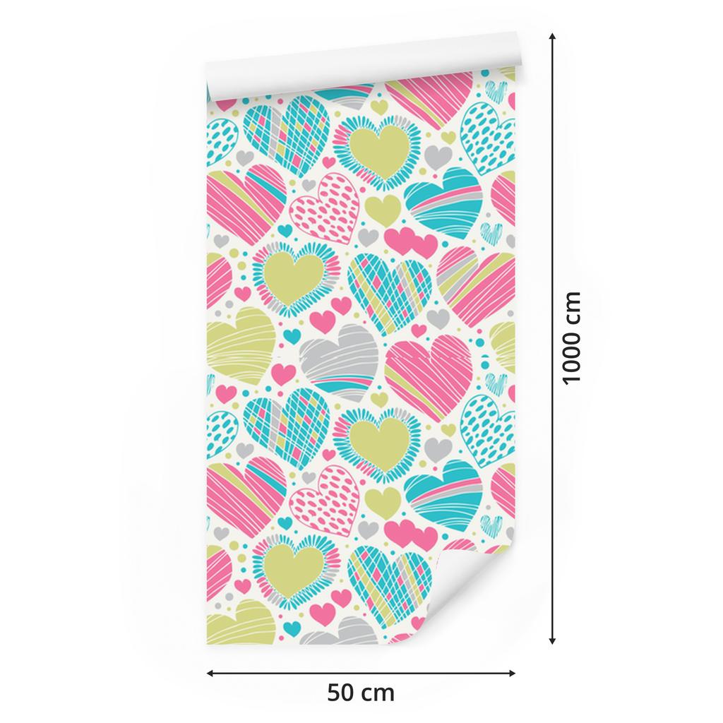 Beautiful colorful hearts wallpaper for living room and bedroom 50x1000