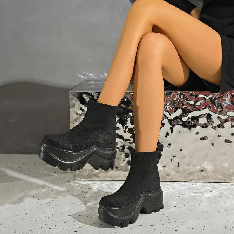 Fashion Platform Women Sock Ankle Boots High Heels Knitting Elegant Shoes Woman 2025 Trend Fashion Cozy Dress Ankle Boots Mujer Botas