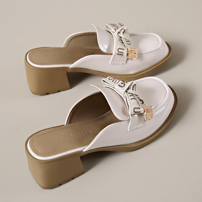 

Fashion CRLAYDK Heeled Mules for Women Closed Toe Chunky Leather Shoes Slip On Comfortable Dress Pumps Slides Casual Ladies Loafers 35