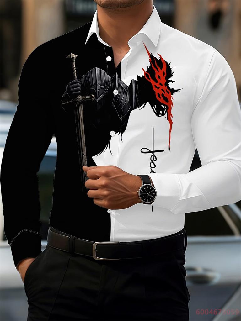 2026 Men's Fashion Red Rose Print Long-Sleeve Shirt, Stylish Casual Design, Spring/Autumn Casual Shirt