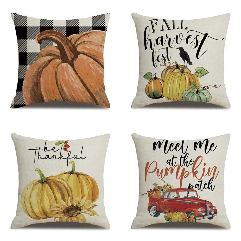Thanksgiving Linen Pillowcase Autumn Pumpkin Print Pillow Cushion Cover