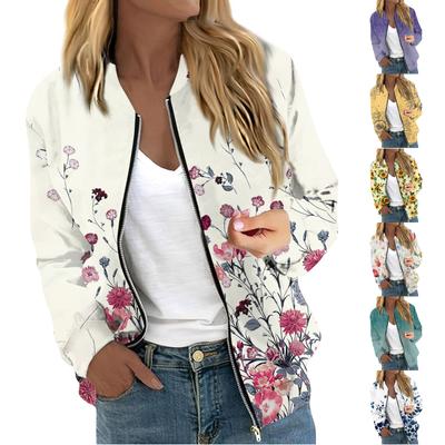 Women's Fashionable Casual Long Sleeve  Print Round Neck Zipper Jacket