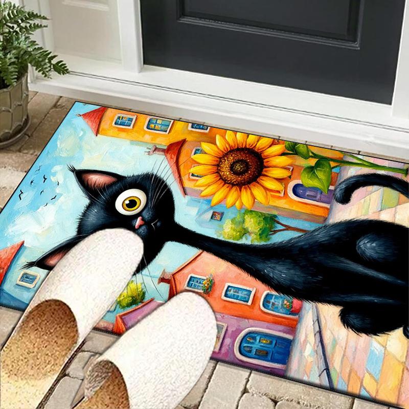 Black Cat In Sunflower Town Office Rug Chair Mat, Game Carpet, Suitable for Front Door, Bedroom, Living Room, Desk, Holiday Gift