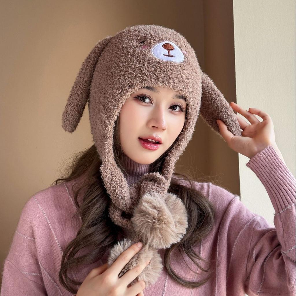 Autumn And Winter Cute Bear Hat Women'S Plush Knitted Hat Versatile Warm Ear Protector Thickened Fashionable Velvet