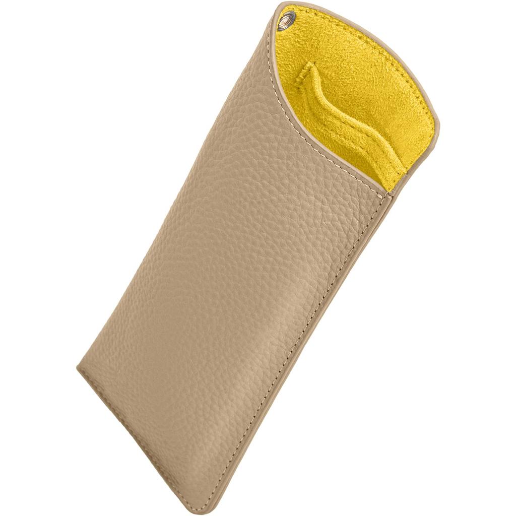 Thin Leather Eyeglass Case with Stylish Slim Eyeglass Pouch with Strap [RafiCaro] Lightweight, Anti-Slip Band, Hole, Greige/Yellow