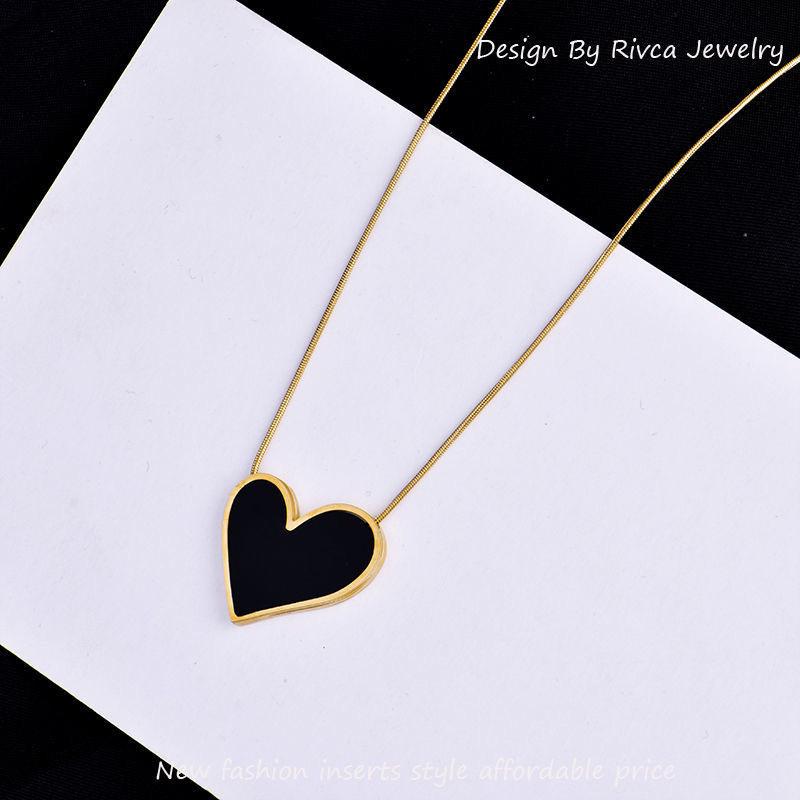 Gold Titanium Stainless Steel Black Enamel Heart Necklace - Anti-Fading Choker for Women