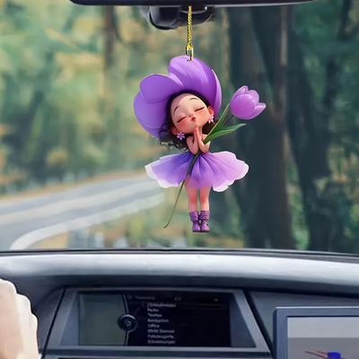 Acrylic Angel Pendant - Purple Tulip Flower Girl, Home and Garden Decor, Keychain, Car Hanging Ornament