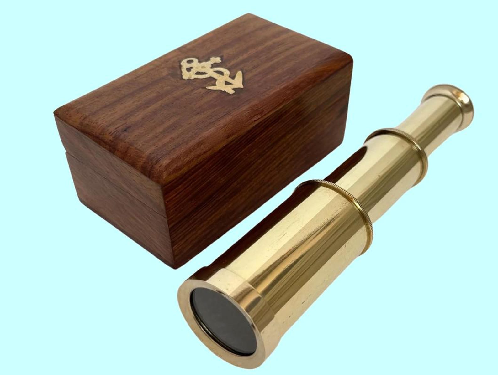 Mini Brass Spyglass Telescope with Wooden Box – Vintage Marine Nautical Zoom Telescope Gift Decor