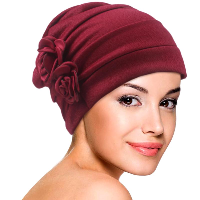 

Новый женский однотонный тюрбан с цветочным декором, шапочки, мусульманский хиджаб, мягкий головной убор, шапка для химиотерапии при выпадении волос, исламский головной платок вино красного