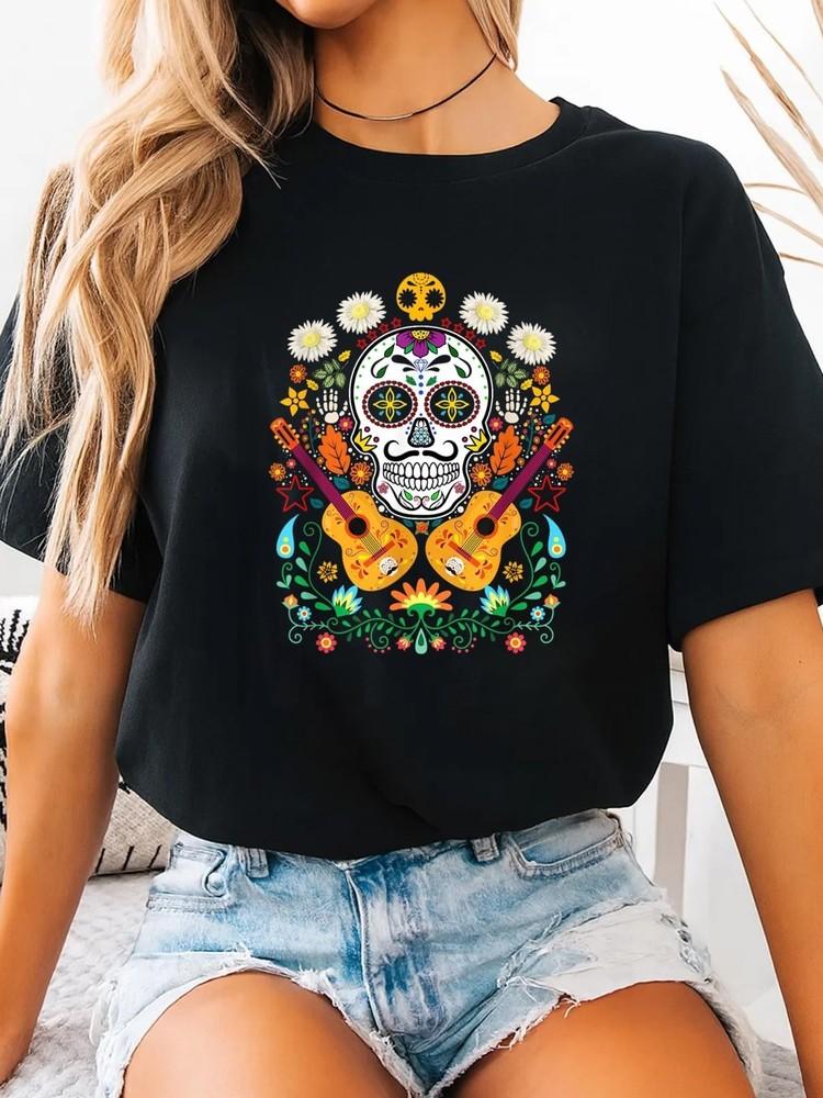 Цветок Гитара Череп День Мертвых Подарки Подарок Мариachi Унисекс Унисекс Футболка M