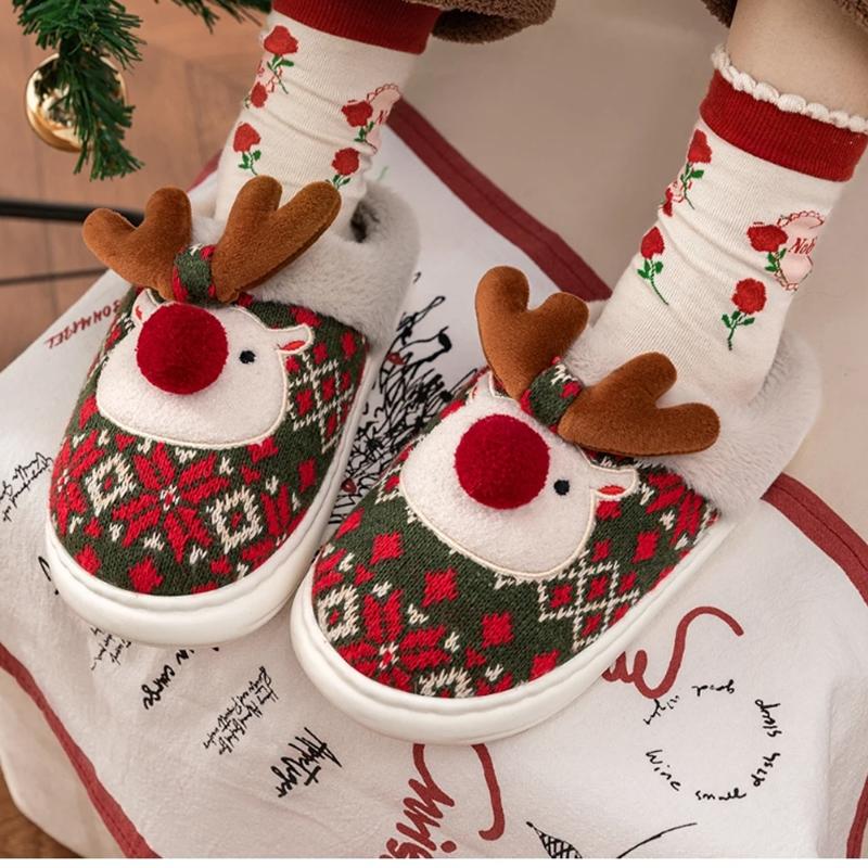 New Winter Lovely Women's Slippers Home Cute Cartoon Cotton Slippers Christmas Deer Non-Slip House Shoes