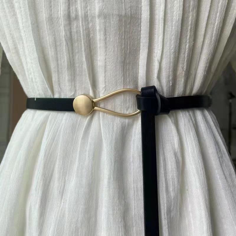 A Brand-new Suit with A Thin Waist Belt, A Versatile Imitation Cowhide for Women, A Knotted Belt, and A Fashionable Black Dress for Women