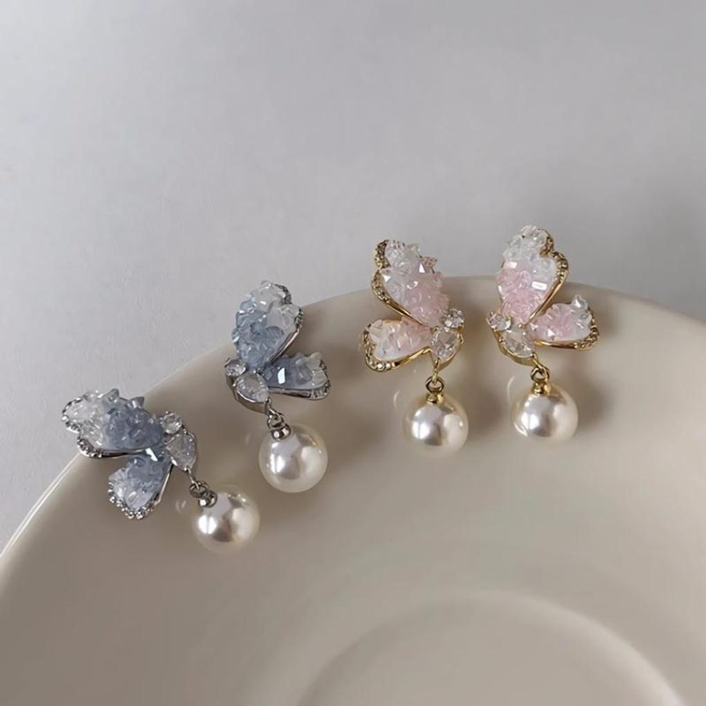 Women's Crystal Butterfly Cubic Pearl Drop Earrings