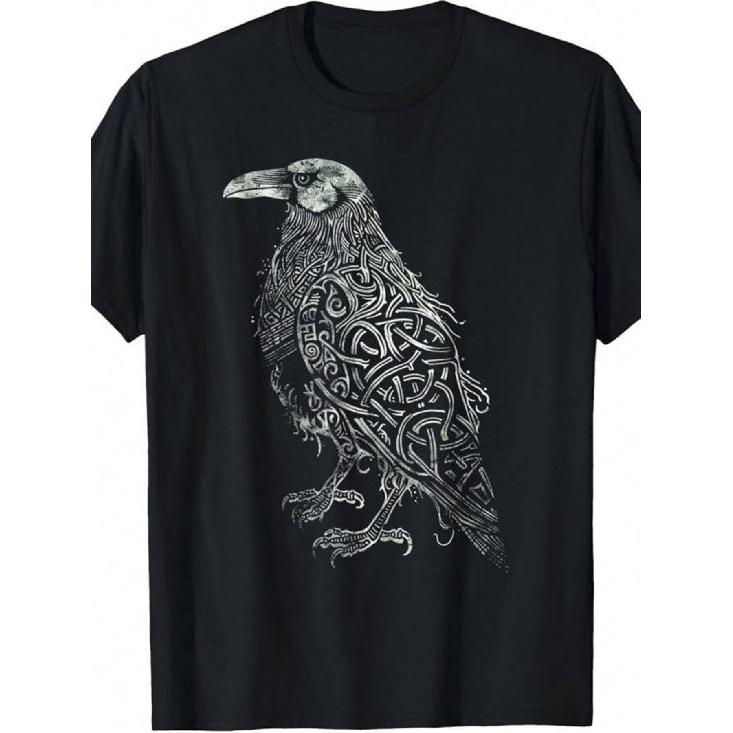 1pc Men s 100% Cotton Crow Intelligence Print T-Shirt - Vintage Casual Short Sleeve Round Neck Tee with Crow & Bird Intelligence Design, All-Season S чёрный