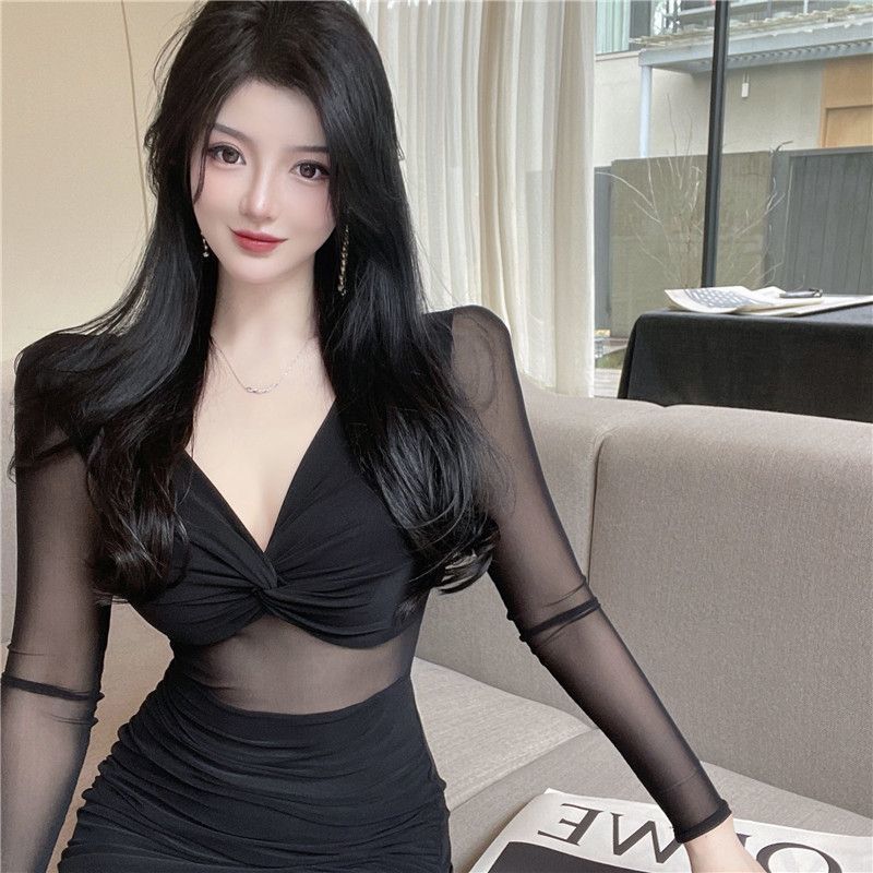 American Retro Sexy Hottie Black Long-sleeved Dress Women's Spring Slim Fit and Thin Inside Stack Wearing Hip Skirt