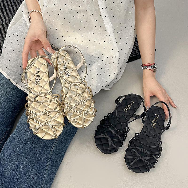 French Retro Ribbon Woven Hollow Open-toed Sandals Women's Summer 2025 New Versatile Flat-soled Roman Sandals