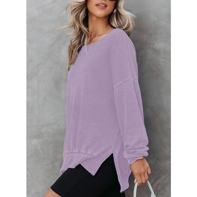 New Autumn Women's Round Neck Long Sleeve Side Slit Waffle Simple and Versatile Sweatshirt