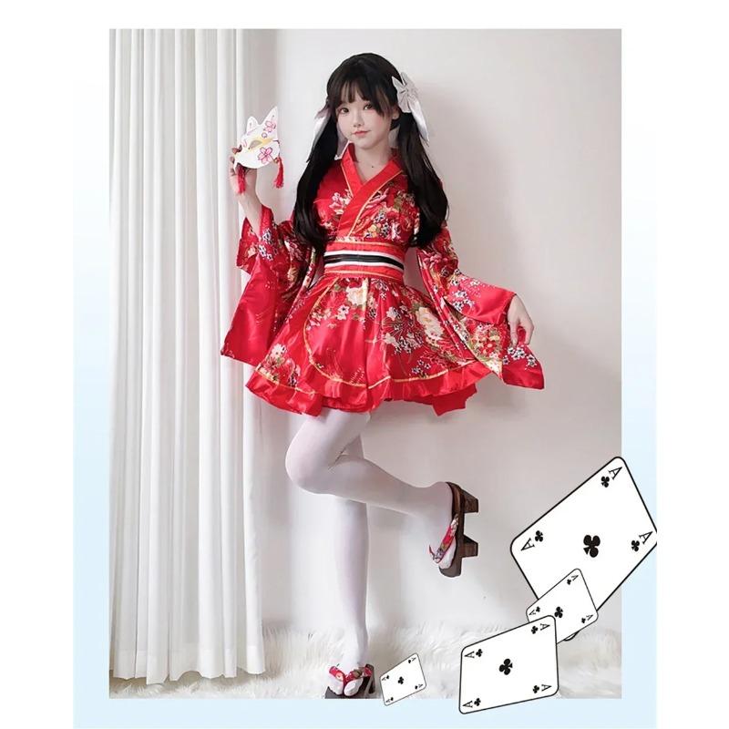 Japanese Yukata Robes Kawaii Girls Floral Printed Haori Suit Lovely Lolita Dress Women Maid Cosplay Costume Halloween