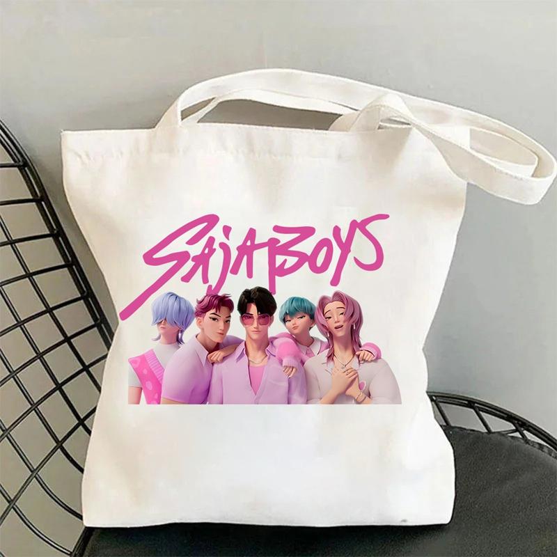 New Kpop Demon Hunters Black White Canvas Bag Saja Boys Anime Print Tote Bag Girls Trendy Lightweight Shoulder Bag